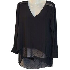 White House Black Market Womens XS Black Clipdot Tunic Lace Accents Hi-Lo Hem